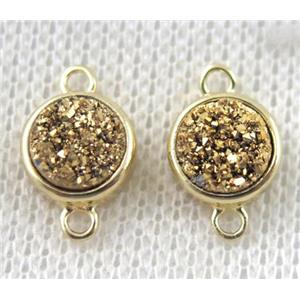 GOLDEN druzy quartz connector, copper, flat-round, gold plated, approx 8mm dia
