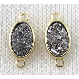 silver druzy quartz oval connector, copper, gold plated, approx 8x11mm