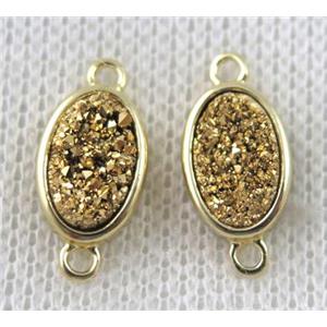 golden druzy quartz connector, copper, oval, gold plated, approx 8x11mm