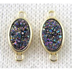 rainbow druzy quartz connector, copper, oval, gold plated, approx 8x11mm