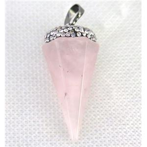 Rose Quartz pendulum pendant paved rhinestone, pink, approx 20-40mm