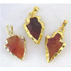 hammered Rock Agate arrowhead pendant, natural color, gold plated, approx 15-28mm