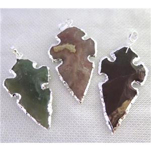 hammered Rock Agate arrowhead pendant, natural color, silver plated, approx 20-65mm
