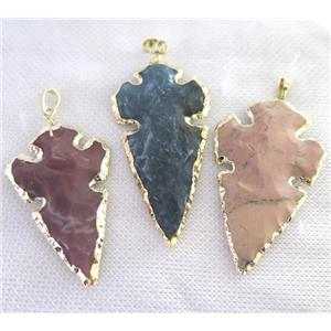 hammered Rock Agate arrowhead pendant, natural color, gold plated, approx 20-65mm