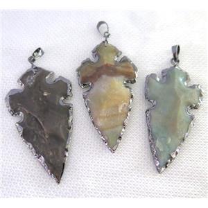 hammered Rock Agate arrowhead pendant, natural color, black plated, approx 20-65mm
