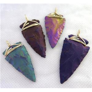 hammered Rock Agate arrowhead pendant, electroplated, wire wrapped, mix color, approx 20-30mm