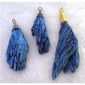 Brazilian black tourmaline pendant, freeform, wire wrapped, blue electroplated, approx 12-40mm
