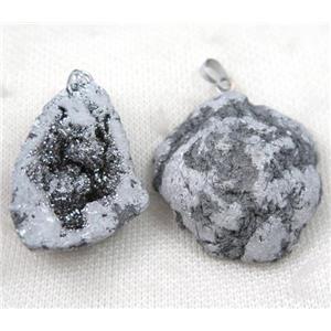 agate geode druzy pendant, freeform, silver, approx 20-40mm