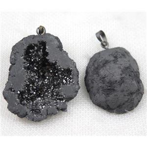 agate geode druzy pendant, freeform, black plated, approx 20-40mm