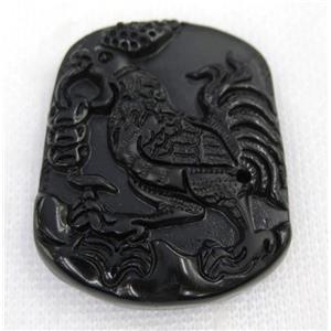 black Obsidian pendant, Chinese Zodiac Chicken, approx 40-50mm