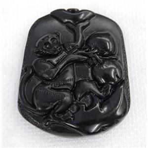 black Obsidian pendant, Chinese Zodiac Monkey, approx 40-50mm