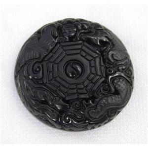black Obsidian pendant, Chinese Yinyang, approx 46mm dia