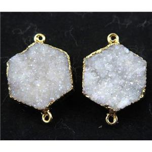 druzy quartz hexagon connector, white AB-color, gold plated, approx 20mm dia