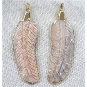 coral fossil pendant, leaf, gold plated, approx 20-70mm