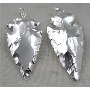 hammered Rock Agate arrowhead pendant, silver plated, approx 20-60mm
