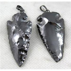 hammered Rock Agate arrowhead pendant, black plated, approx 20-60mm