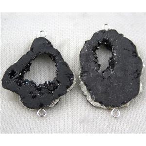 black druzy agate connector, freeform slice, silver plated, approx 20-40mm