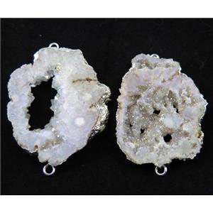 druzy agate connector, white AB-color, freeform slice, silver plated, approx 20-40mm