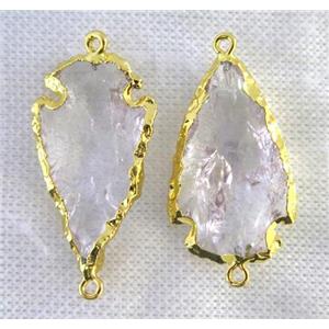 hammered Clear Quartz arrowhead connector, gold plated, approx 15-30mm