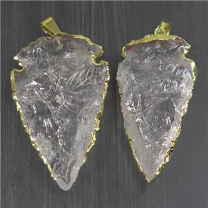 hammered Clear Quartz arrowhead pendant, gold plated, approx 20-50mm