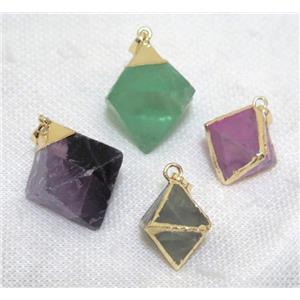 Fluorite rhombic pendant, gold plated, mix color, approx 28-32mm