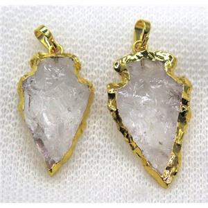 hammered Clear Quartz arrowhead pendant, gold plated, approx 15-25mm