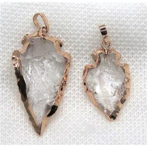 hammered Clear Quartz arrowhead pendant, rose gold, approx 15-25mm