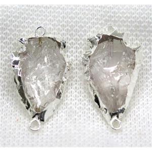 hammered Clear Quartz arrowhead connector, silver plated, approx 15-25mm