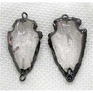 hammered Clear Quartz arrowhead connector, black plated, approx 15-25mm