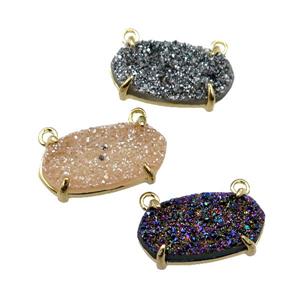 Quartz Druzy pendant with 2loops, mix color, oval, approx 6-13mm