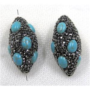 blue turquoise bead paved black rhinestone, rice, approx 15-35mm