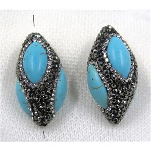 blue turquoise bead paved black rhinestone, rice, approx 20-35mm