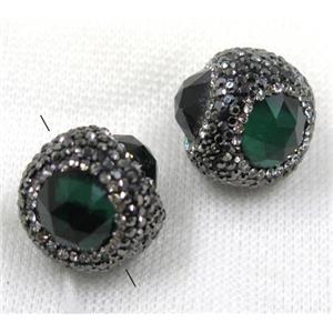 green crystal glass beads pave black rhinestone, round, approx 25mm dia