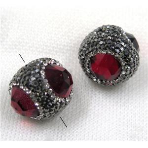 red crystal glass beads pave black rhinestone, round, approx 25mm dia