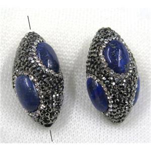blue Lapis Lazuli beads pave black rhinestone, rice, approx 20-35mm