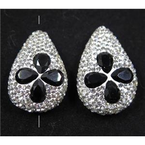 black crystal glass beads pave white rhinestone, teardrop, approx 20-30mm