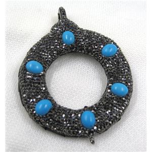blue turquoise connector paved black rhinestone, donut, approx 60mm dia