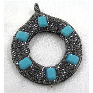 blue crystal glass connector paved black rhinestone, donut, approx 60mm dia