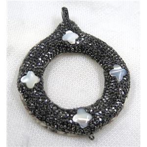 white pearl shell connector paved black rhinestone, donut, approx 60mm dia