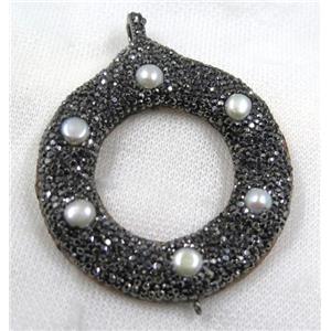 white pearl connector paved black rhinestone, donut, approx 60mm dia