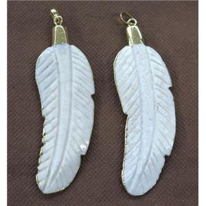 white coral fossil feather pendant, dye, gold plated, approx 20-70mm
