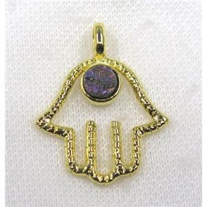 rainbow druzy agate pendant, hamsahand, alloy, gold plated, approx 30-45mm, 8mm