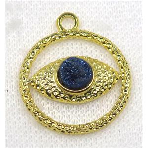 blue druzy agate pendant, eye, alloy, gold plated, approx 30mm dia, 8mm