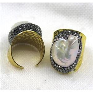 white Pearl cuff ring pave rhinestone, alloy, gold plated, approx 20mm, 12-25mm