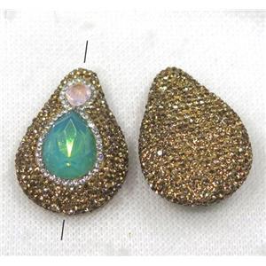 green crystal glass bead paved yellow rhinestone, teardrop, approx 25-40mm
