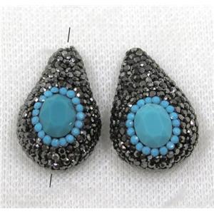 blue crystal glass beads paved black rhinestone, teardrop, approx 20-28mm