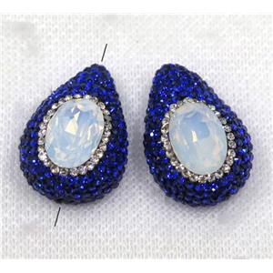white opalite crystal glass beads paved blue rhinestone, teardrop, approx 20-28mm