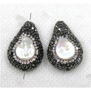 white pearl beads paved black rhinestone, teardrop, approx 20-28mm