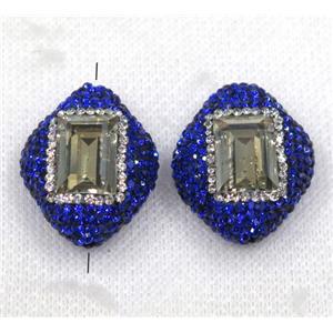 yellow crystal glass bead paved blue rhinestone, rhombic, approx 24-28mm