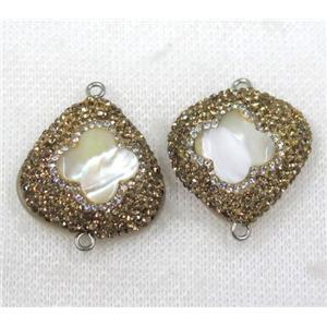 white shell connector paved yellow rhinestone, heart, approx 25-28mm